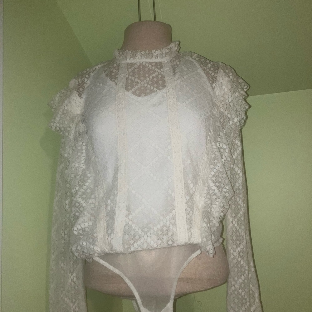 FREE PEOPLE Goldie white lace bodysuit top shirt sz XS intimately FP high collar - Picture 4 of 7